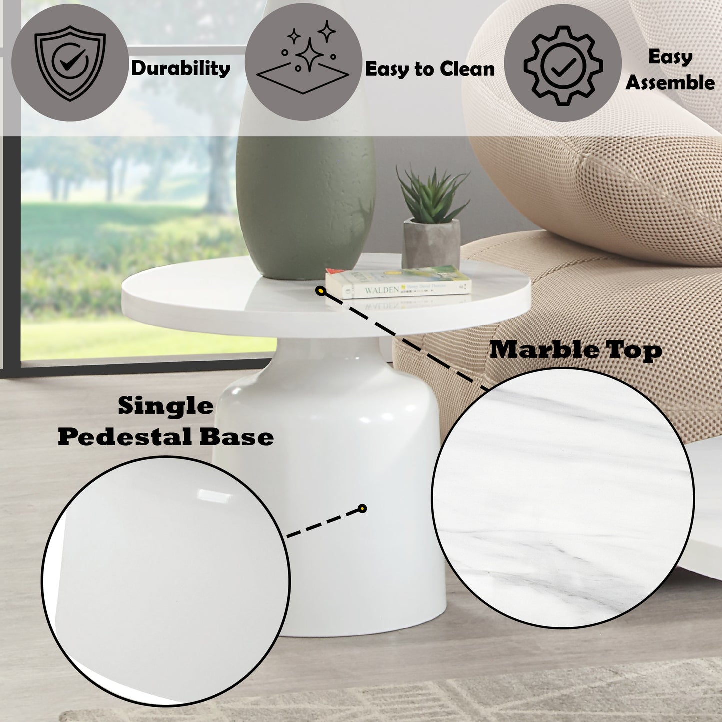 Zaid Engineering Marble & White High Gloss Finish End Table FredCo