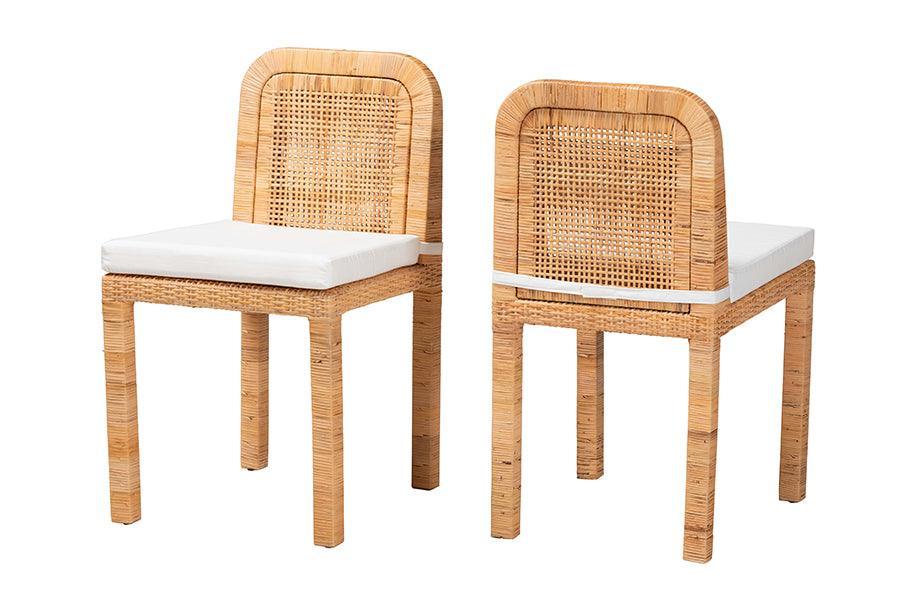 Zariah Modern Bohemian Natural Brown Rattan and Mahogany Wood 2-Piece Dining Chair Set FredCo