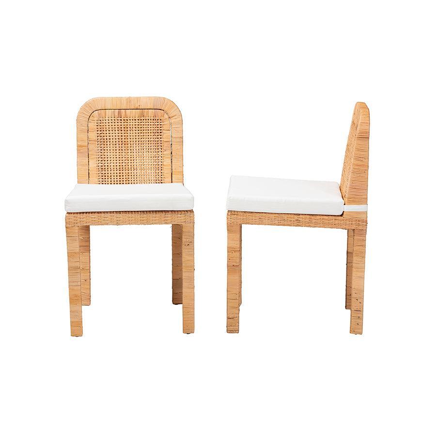 Zariah Modern Bohemian Natural Brown Rattan and Mahogany Wood 2-Piece Dining Chair Set FredCo