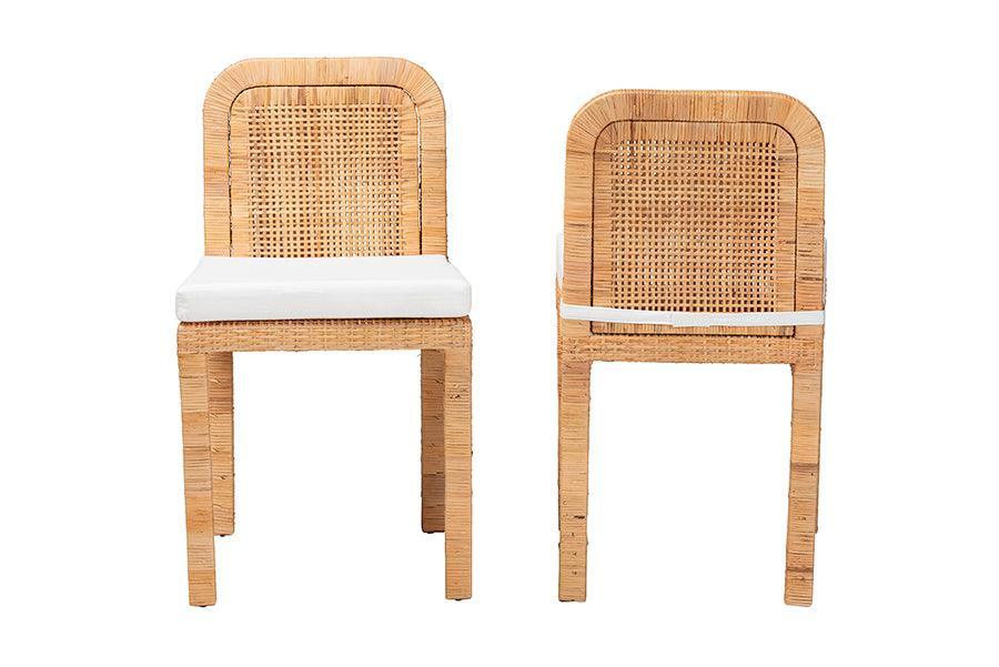 Zariah Modern Bohemian Natural Brown Rattan and Mahogany Wood 2-Piece Dining Chair Set FredCo