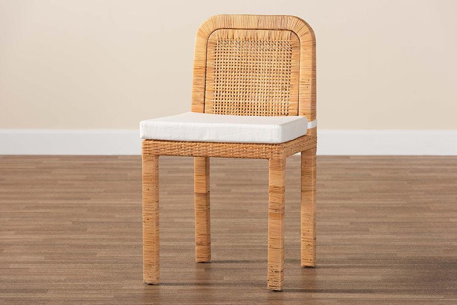 Zariah Modern Bohemian Natural Brown Rattan and Mahogany Wood 2-Piece Dining Chair Set FredCo