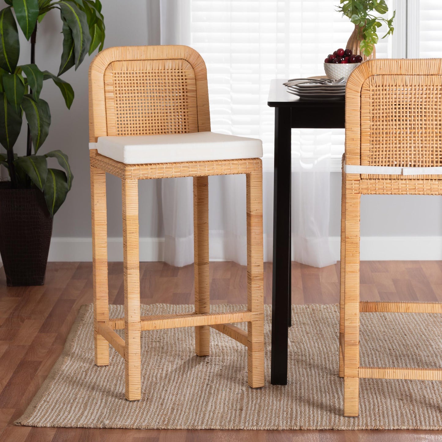 Zariah Modern Bohemian Natural Brown Rattan and Mahogany Wood Bar Stool FredCo