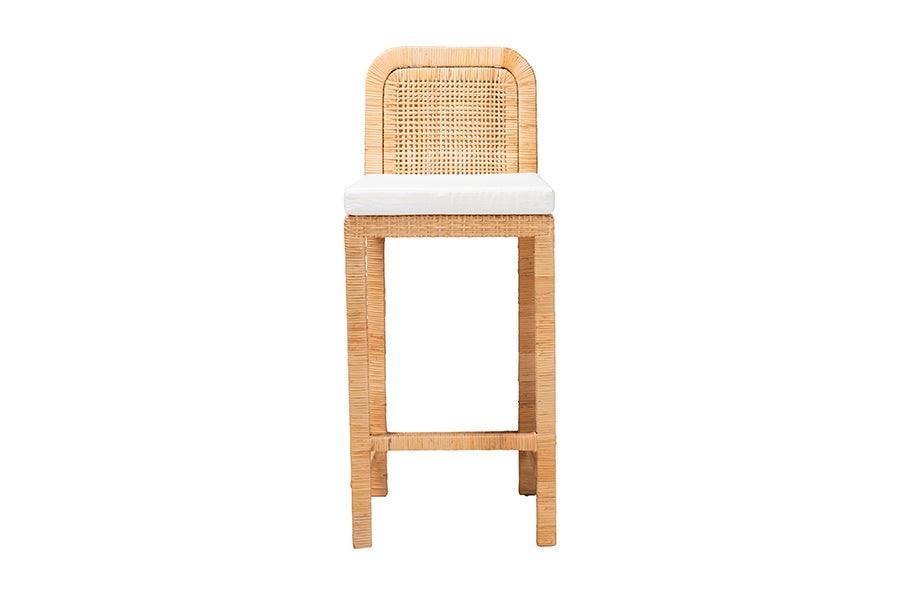 Zariah Modern Bohemian Natural Brown Rattan and Mahogany Wood Bar Stool FredCo