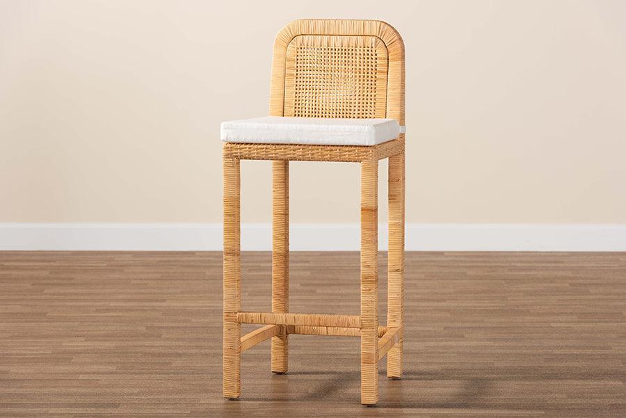 Zariah Modern Bohemian Natural Brown Rattan and Mahogany Wood Bar Stool FredCo