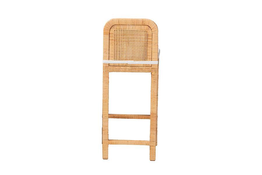 Zariah Modern Bohemian Natural Brown Rattan and Mahogany Wood Bar Stool FredCo
