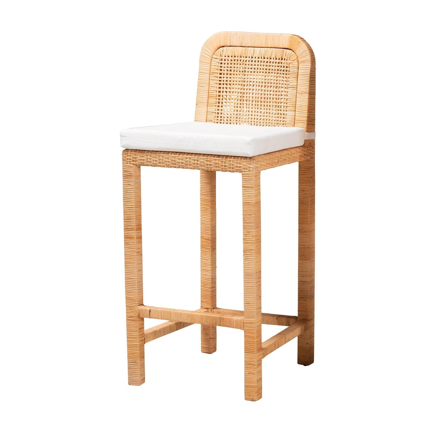 Zariah Modern Bohemian Natural Brown Rattan and Mahogany Wood Bar Stool FredCo