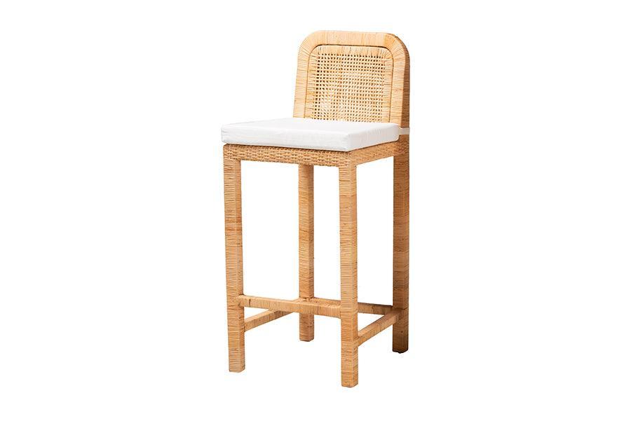 Zariah Modern Bohemian Natural Brown Rattan and Mahogany Wood Bar Stool FredCo