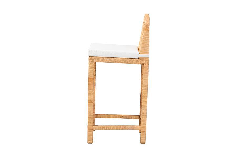 Zariah Modern Bohemian Natural Brown Rattan and Mahogany Wood Bar Stool FredCo
