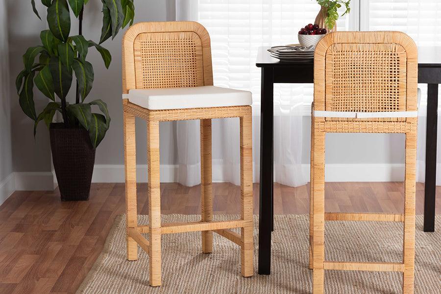 Zariah Modern Bohemian Natural Brown Rattan and Mahogany Wood Bar Stool FredCo