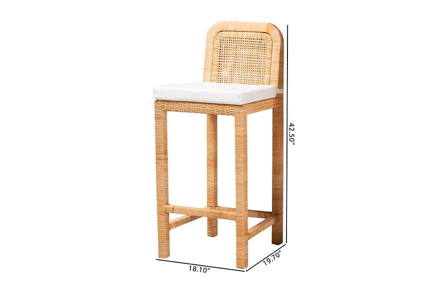 Zariah Modern Bohemian Natural Brown Rattan and Mahogany Wood Bar Stool FredCo