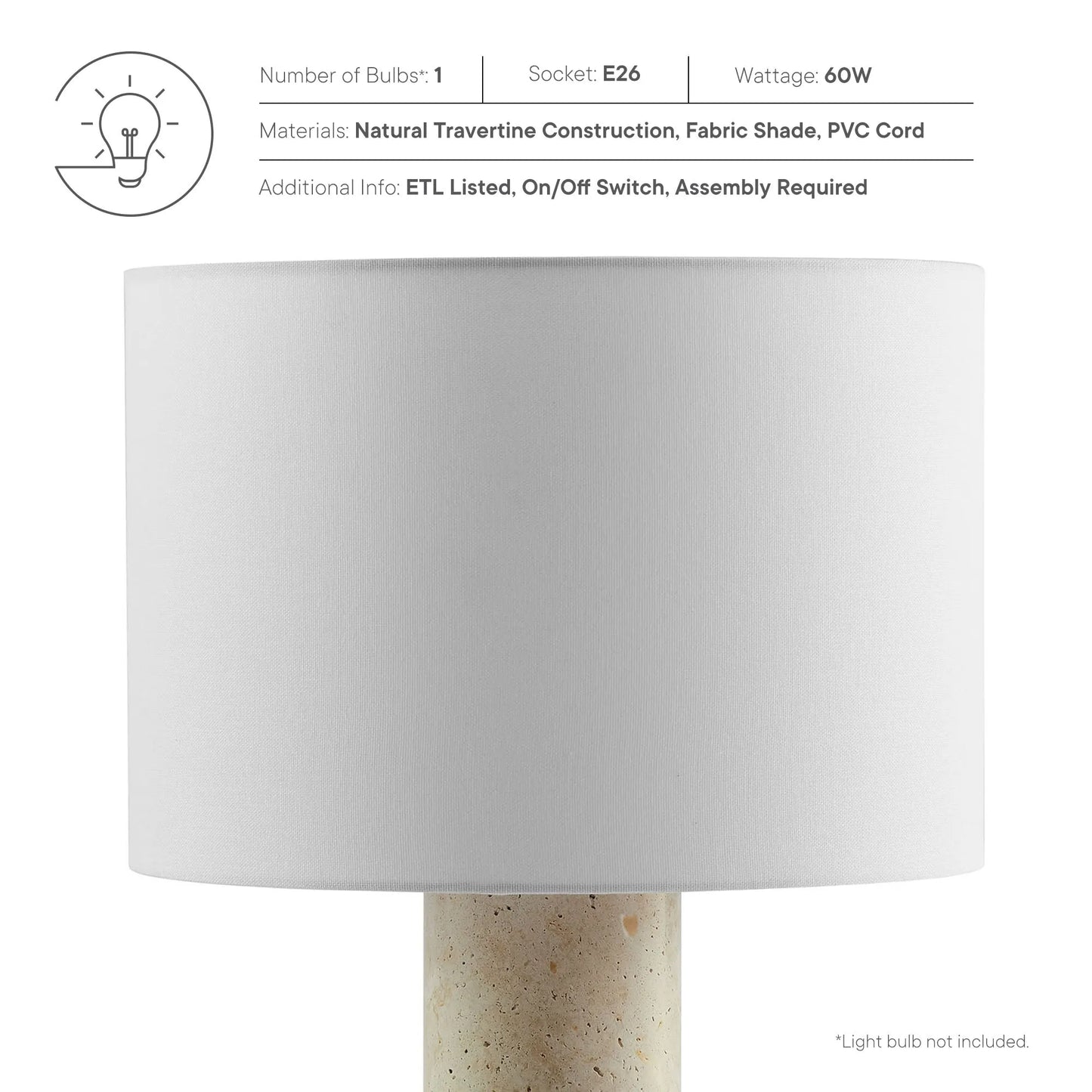 Zenith Travertine Table Lamp With Fabric Drum Shade by Modway EEI-7213 FredCo