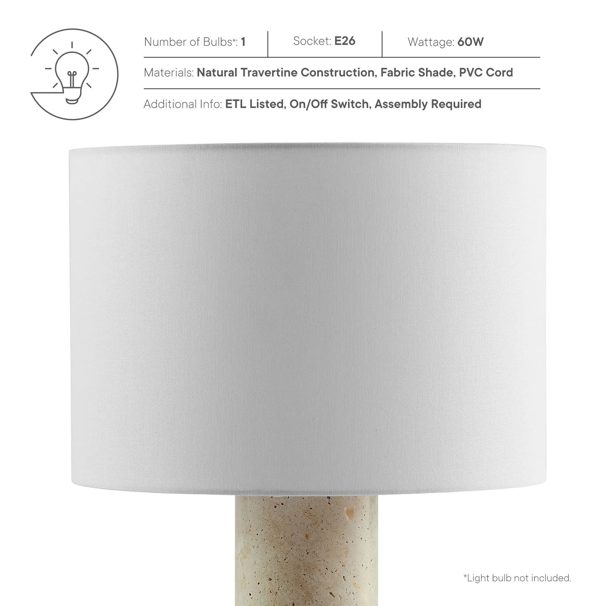 Zenith Travertine Table Lamp With Fabric Drum Shade by Modway EEI-7213 FredCo