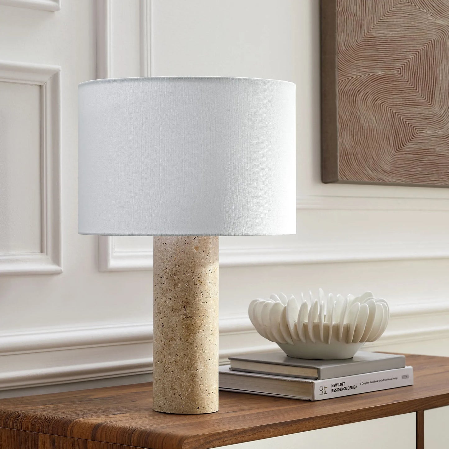Zenith Travertine Table Lamp With Fabric Drum Shade by Modway EEI-7213 FredCo