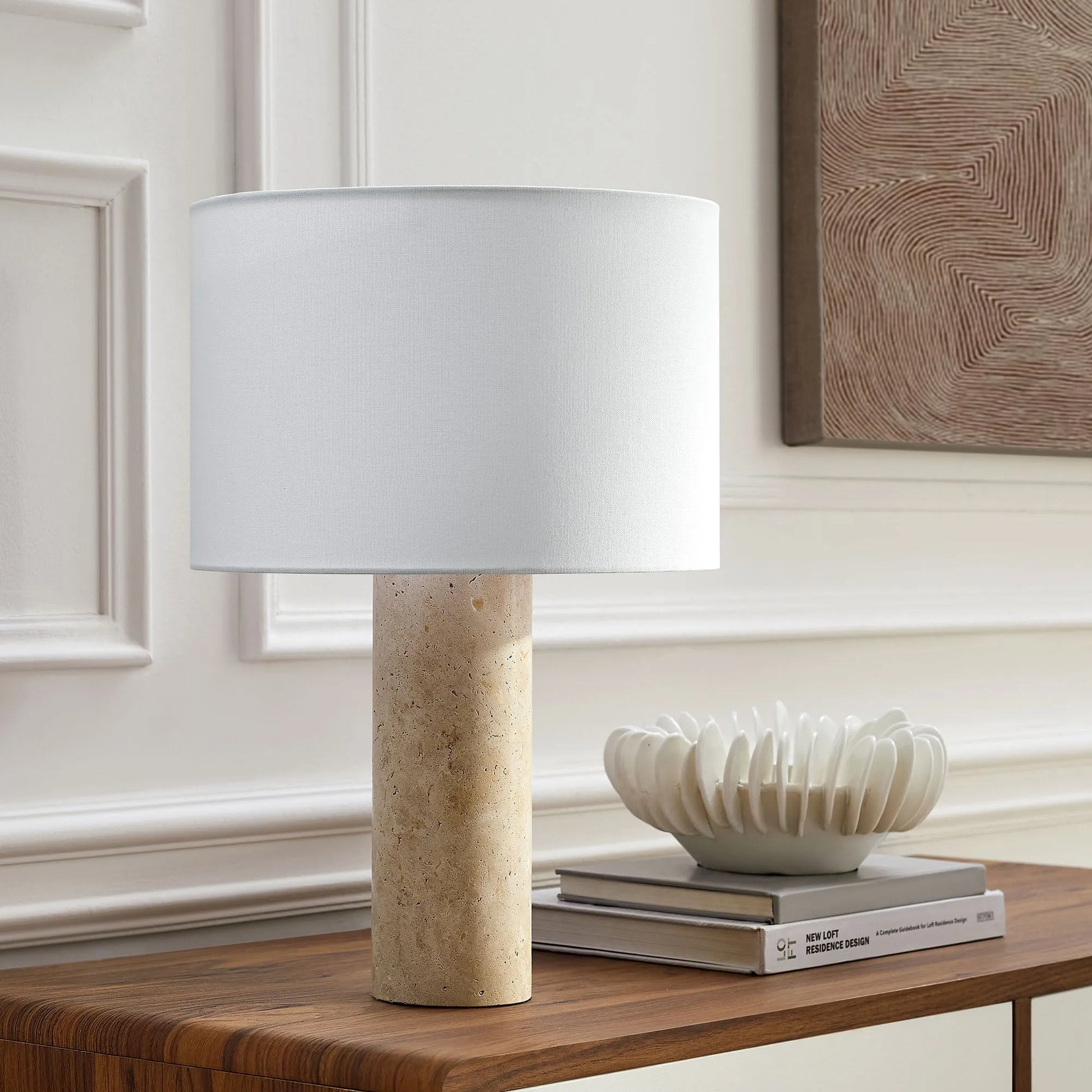 Zenith Travertine Table Lamp With Fabric Drum Shade by Modway EEI-7213 FredCo