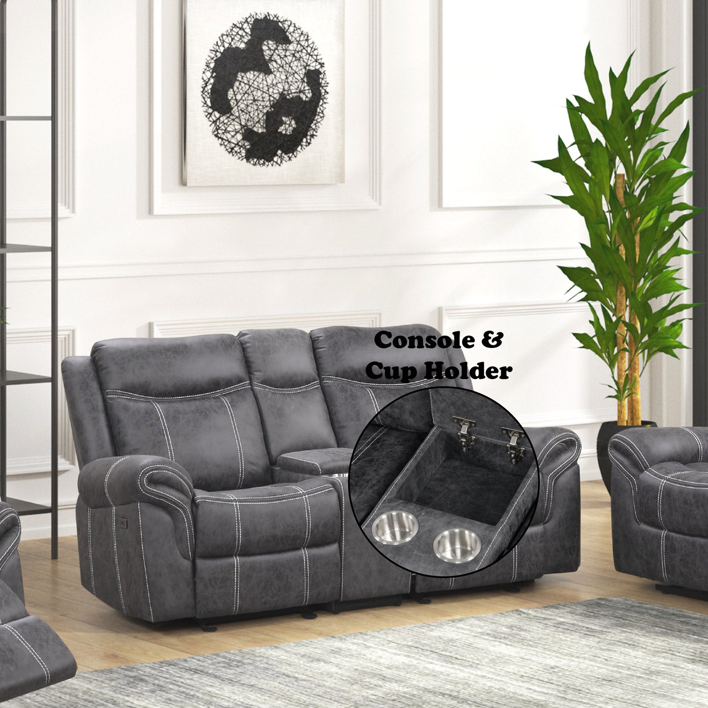 Zubaida Dark Gray Polish Microfiber Power Motion Loveseat w/USB FredCo