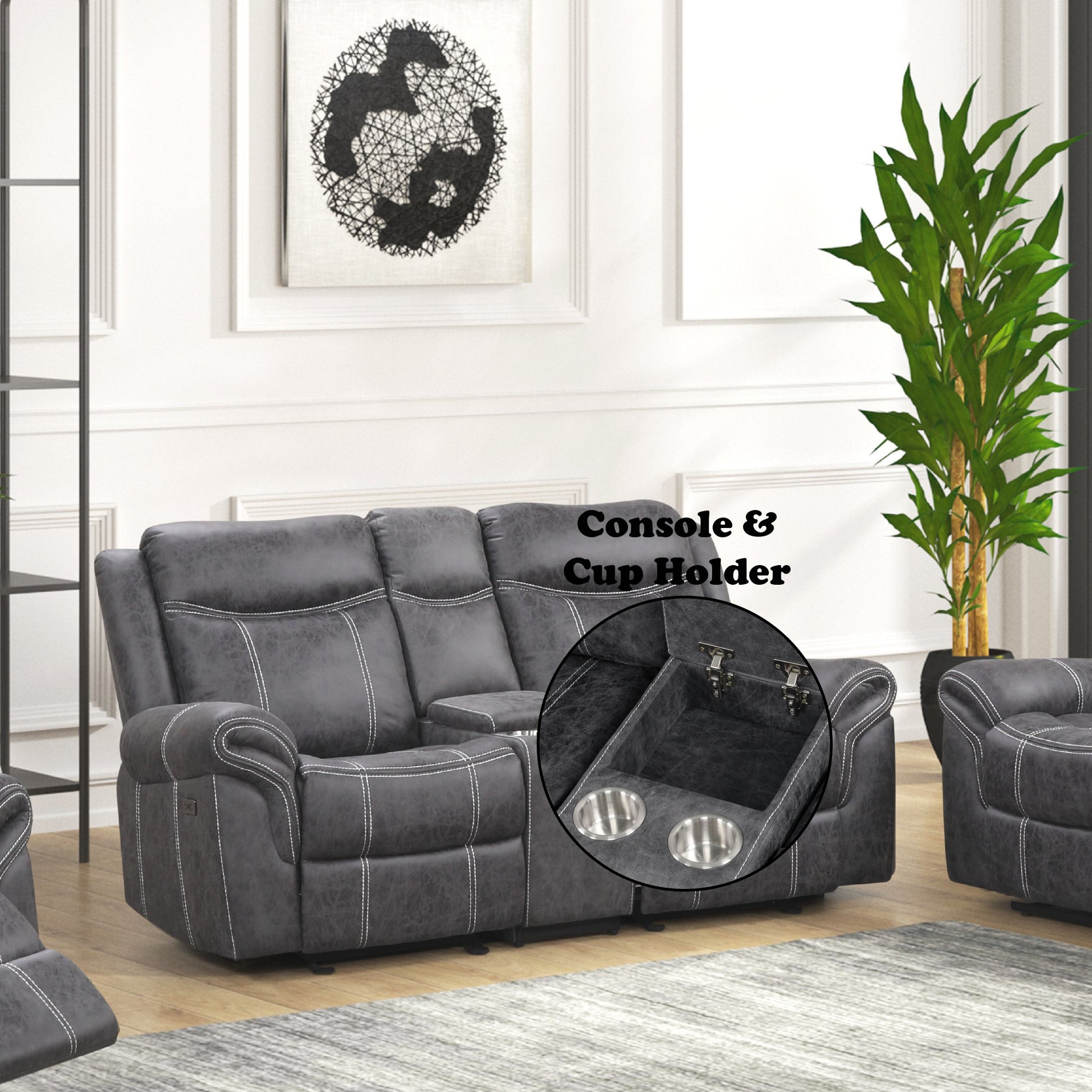 Zubaida Dark Gray Polish Microfiber Power Motion Loveseat w/USB FredCo