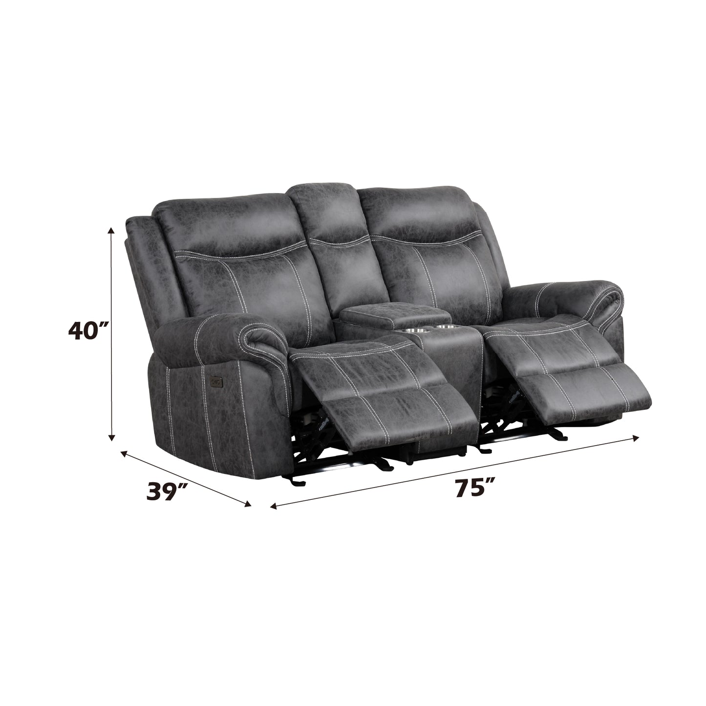 Zubaida Dark Gray Polish Microfiber Power Motion Loveseat w/USB FredCo