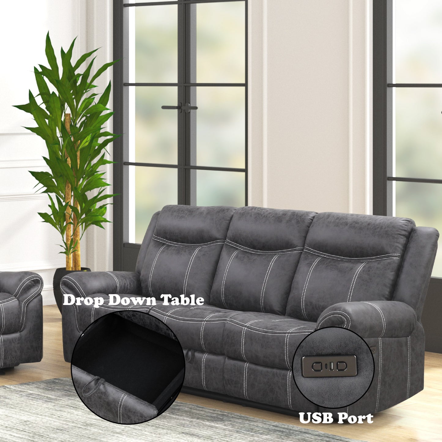 Zubaida Dark Gray Polish Microfiber Power Motion Sofa w/Drop Down Table FredCo