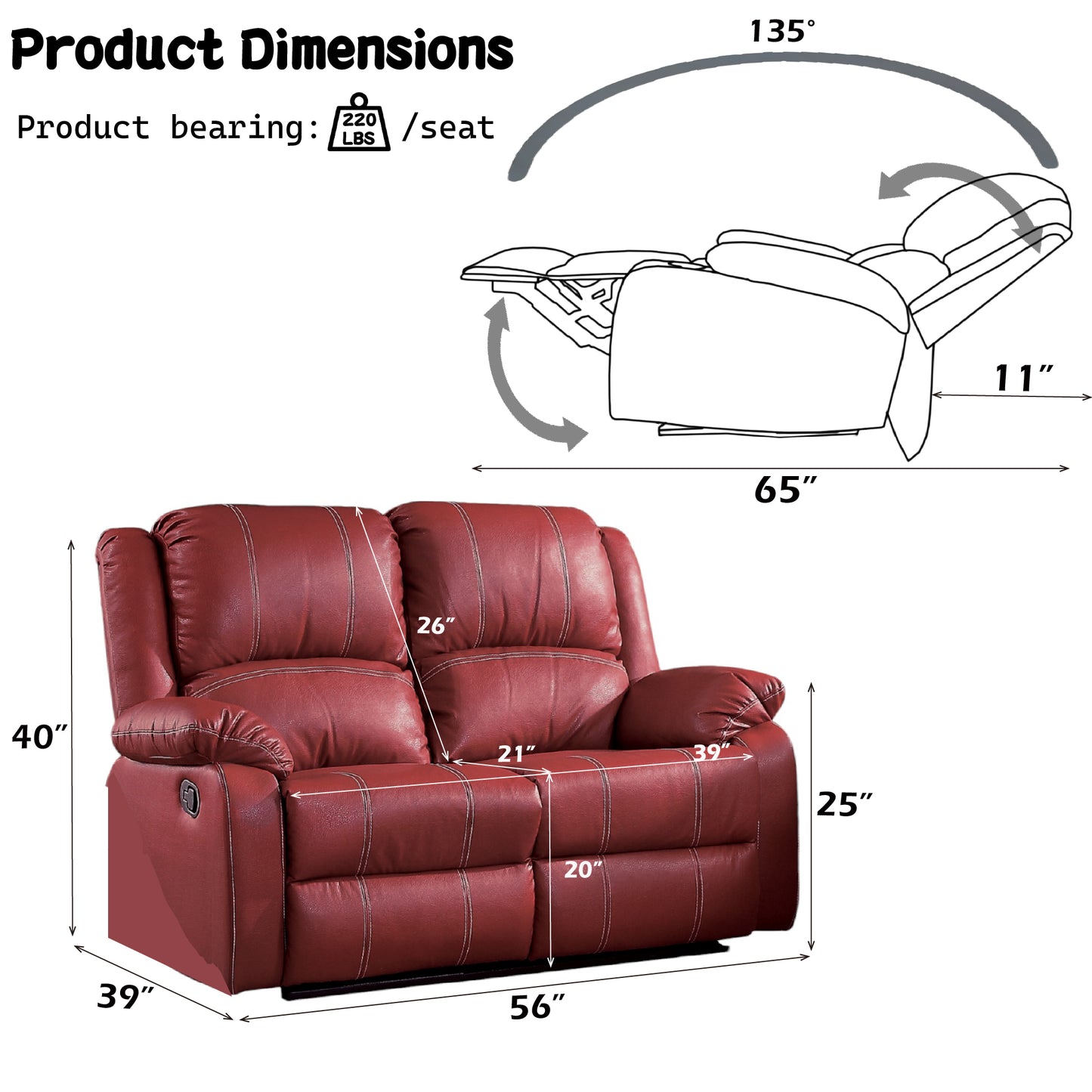 Zuriel Red Synthetic Leather Motion Loveseat FredCo