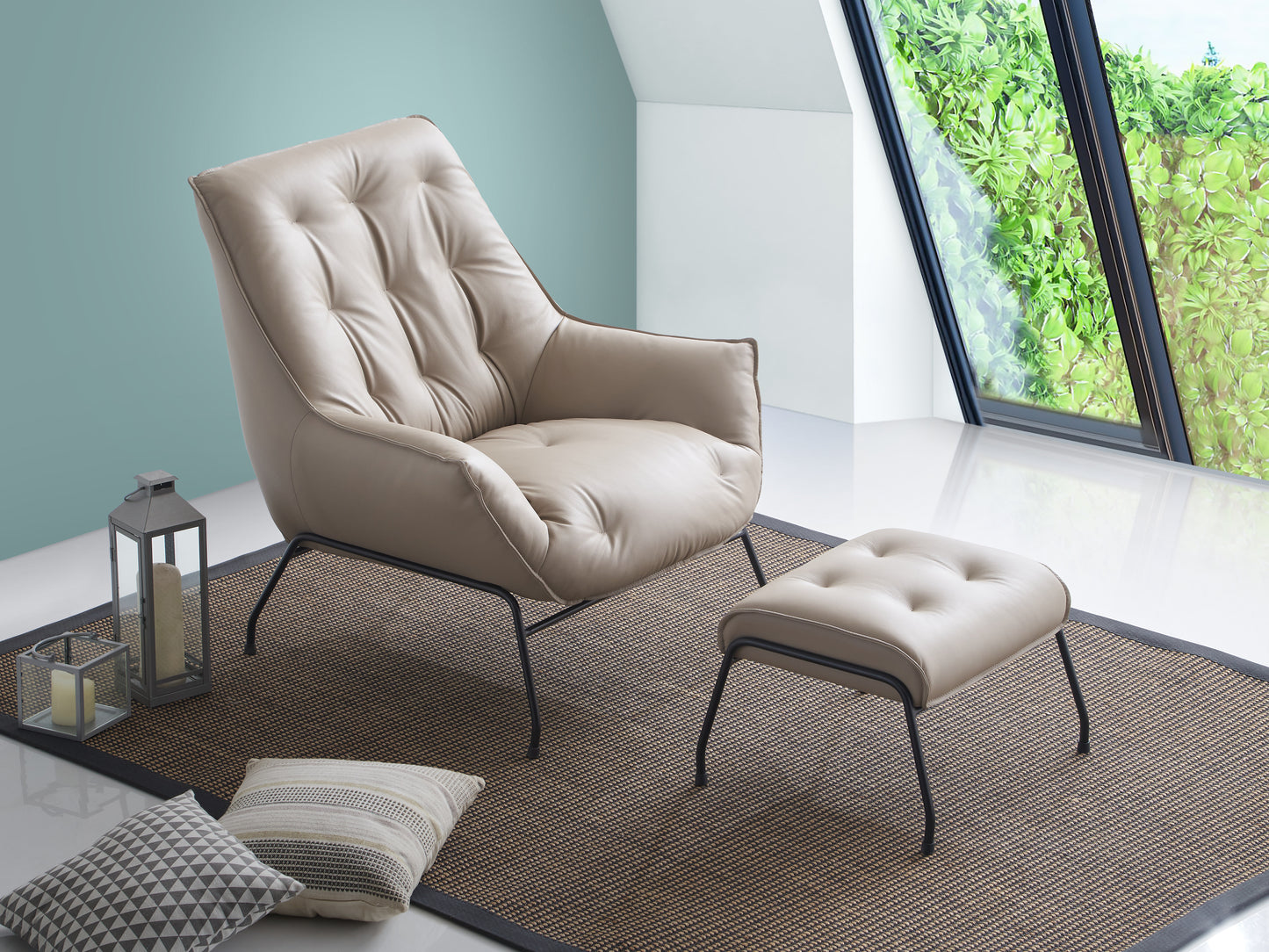 Zusa Khaki Top Grain Leather Accent Chair & Ottoman FredCo