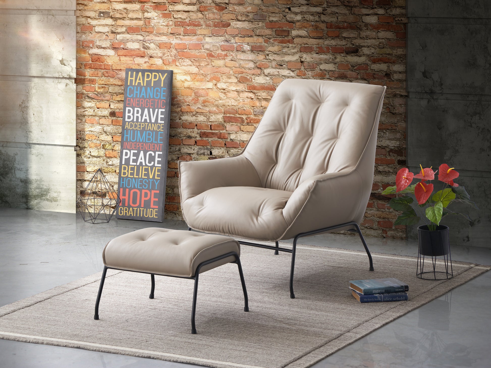 Zusa Khaki Top Grain Leather Accent Chair & Ottoman FredCo