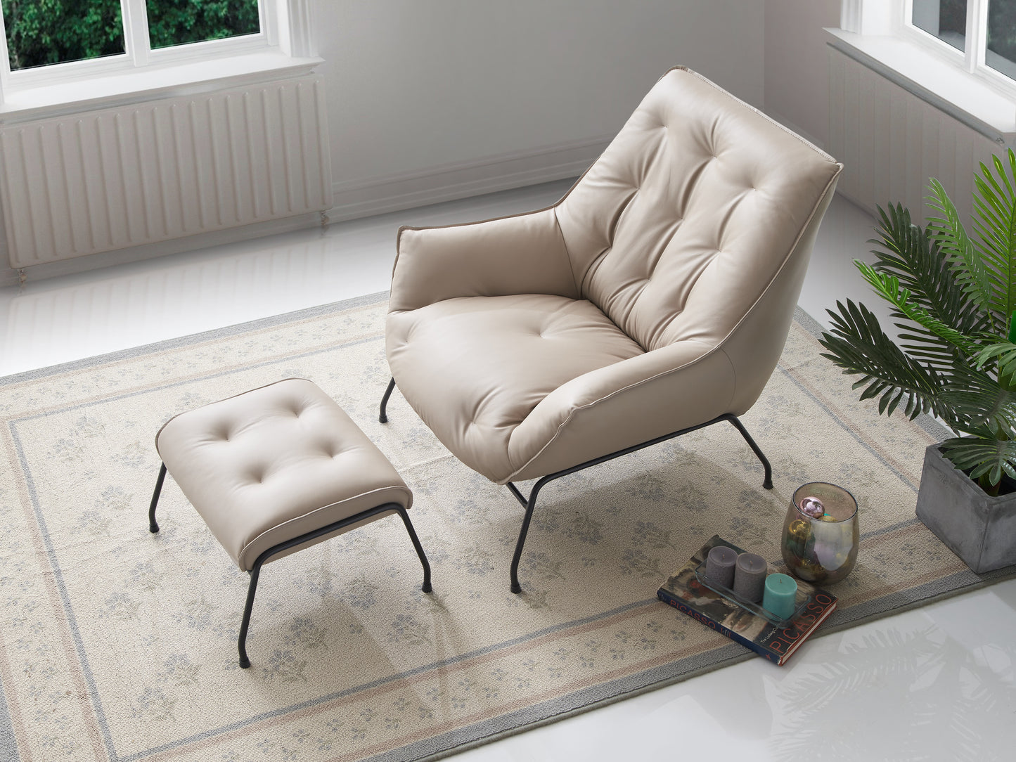 Zusa Khaki Top Grain Leather Accent Chair & Ottoman FredCo