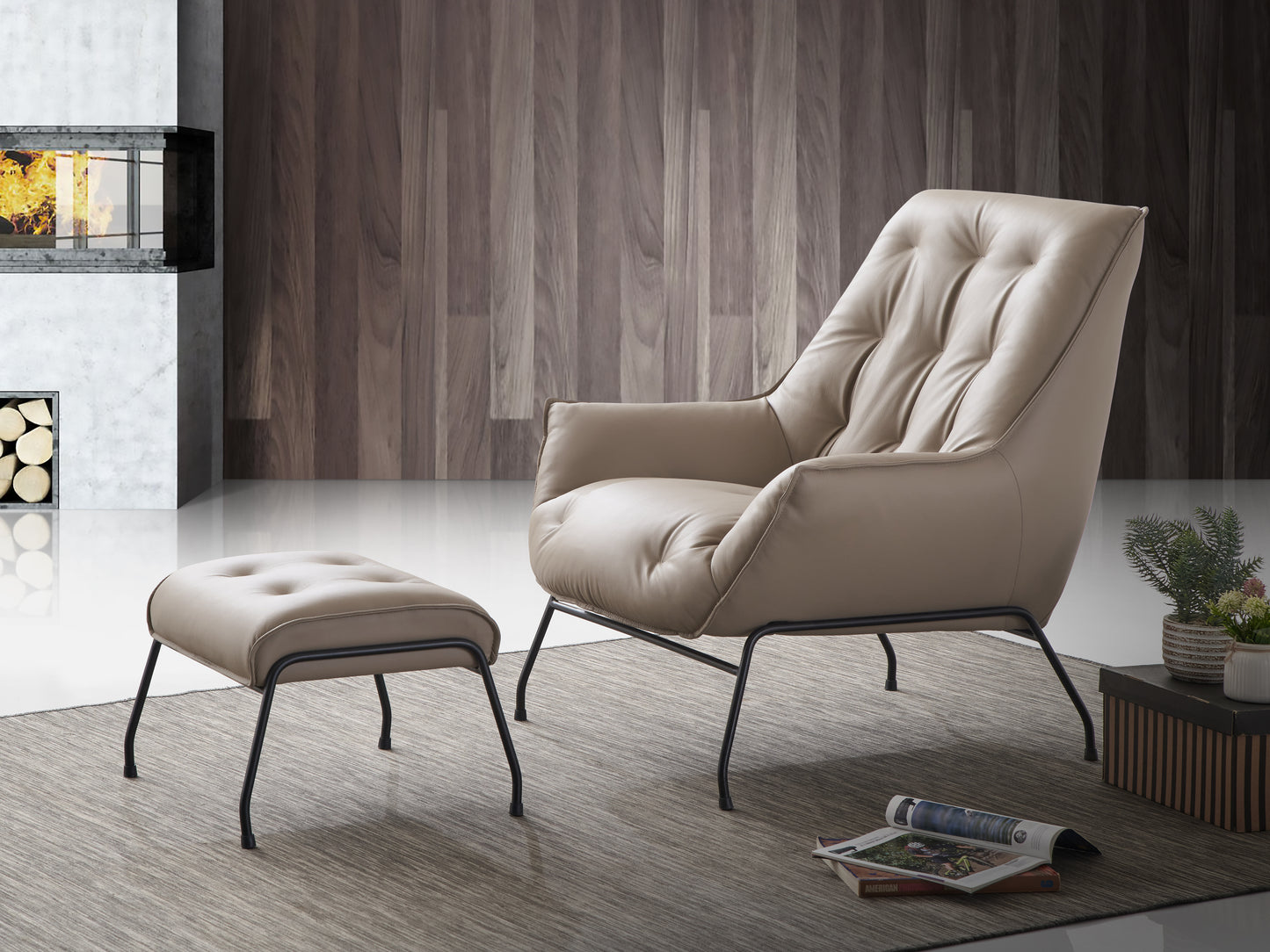 Zusa Khaki Top Grain Leather Accent Chair & Ottoman FredCo
