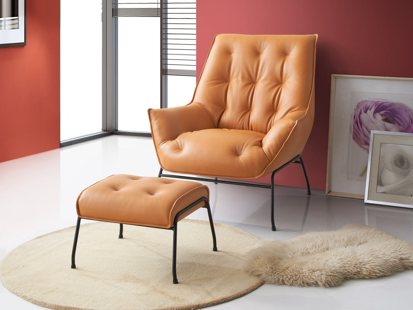 Zusa Sandstone Top Grain Leather Accent Chair & Ottoman FredCo