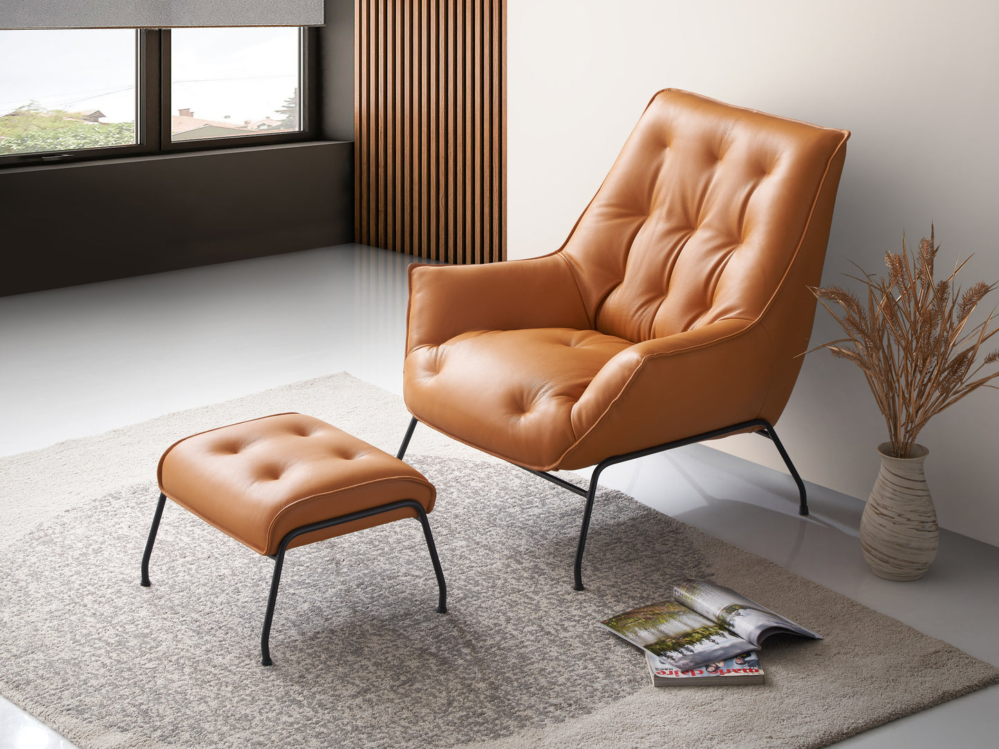 Zusa Sandstone Top Grain Leather Accent Chair & Ottoman FredCo