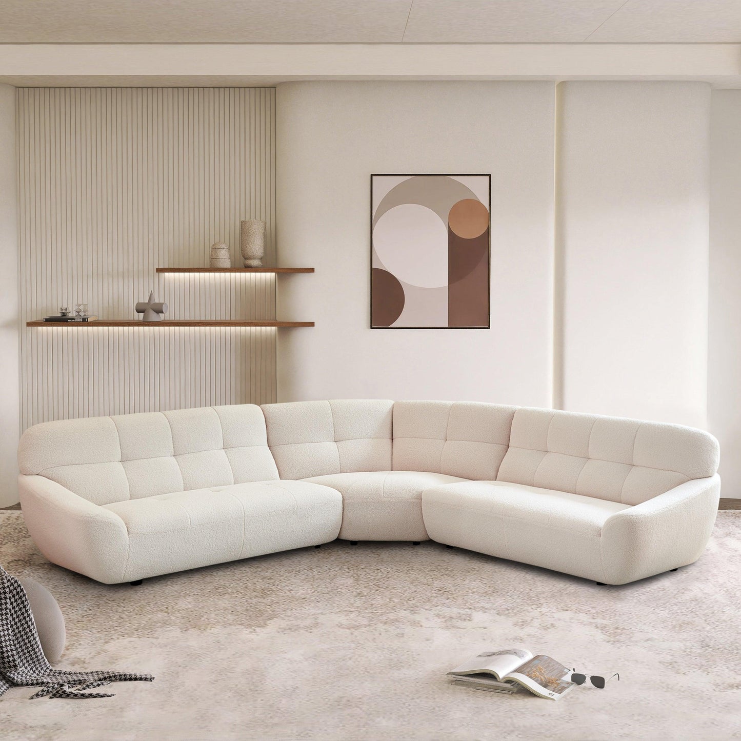 113" Modern Corner, Lamb Fabric Sectional Sofa (Beige) FredCo
