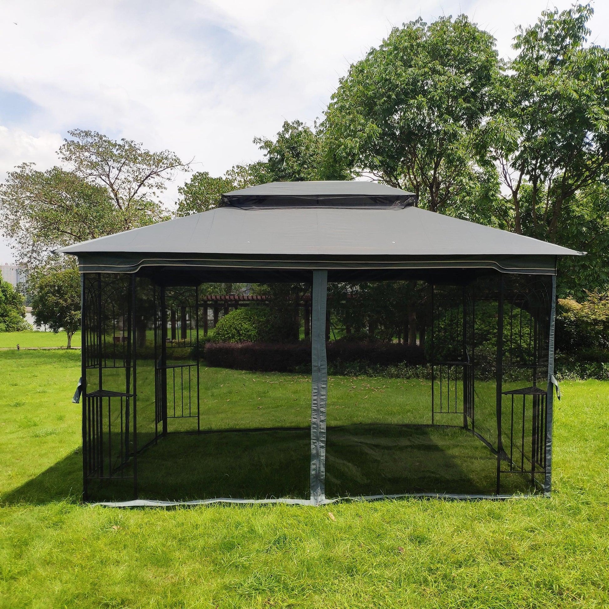 13x10 Outdoor Patio Gazebo Canopy Tent With Ventilated Double Roof And Mosquito net Grey FredCo