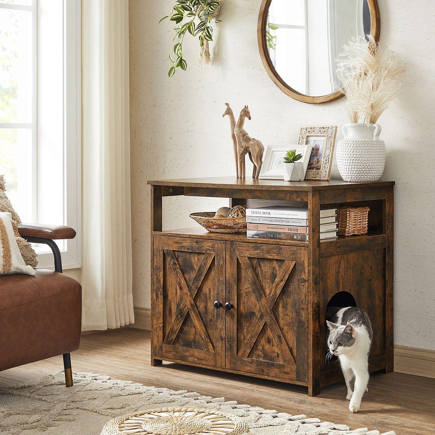 18 Inch Rustic Brown Cat Litter Box Furniture with Divider FredCo