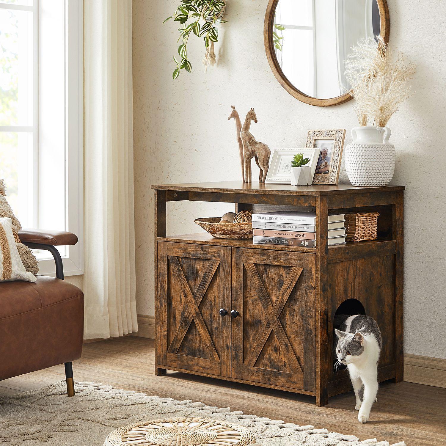 18 Inch Rustic Brown Cat Litter Box Furniture with Divider FredCo