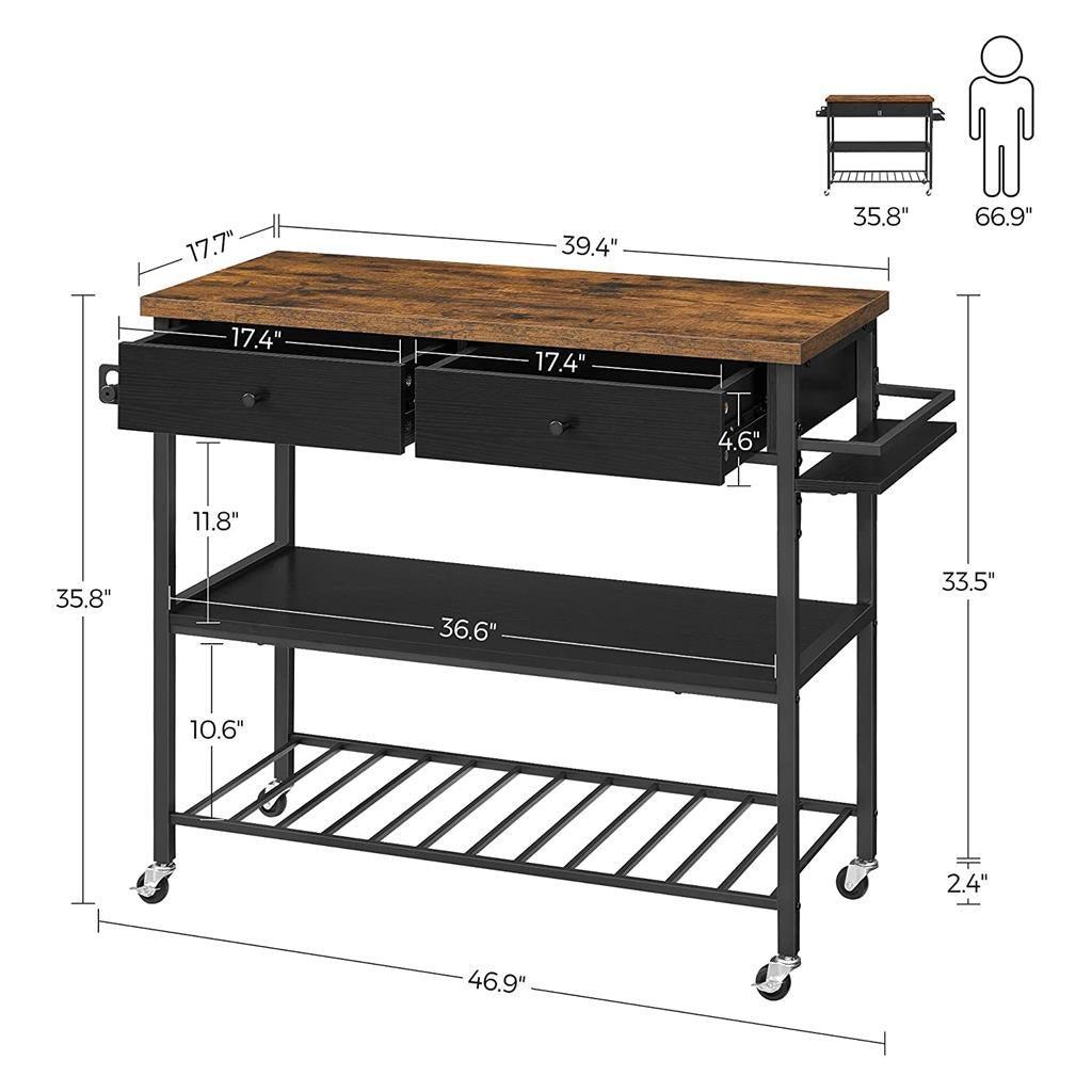 3-Tier Kitchen Island Rustic Brown and Black FredCo