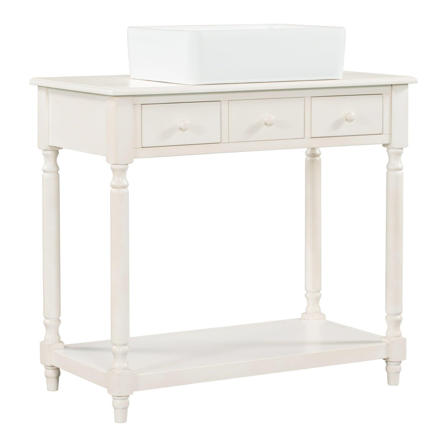 36" Bathroom Vanity Base without Sink, Open Storage Shelf, Antique White WF294112AAK FredCo