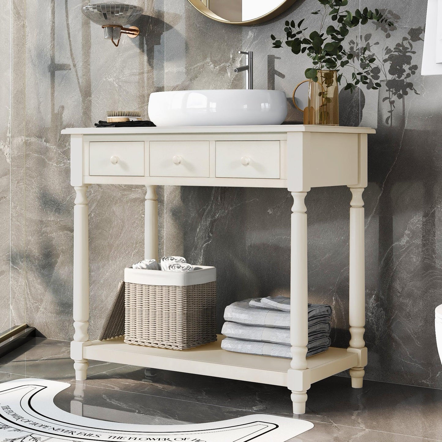 36" Bathroom Vanity Base without Sink, Open Storage Shelf, Antique White WF294112AAK FredCo