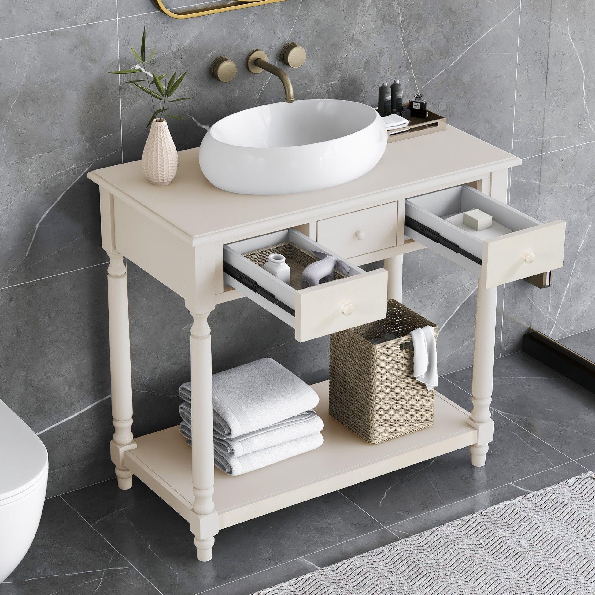 36" Bathroom Vanity Base without Sink, Open Storage Shelf, Antique White WF294112AAK FredCo