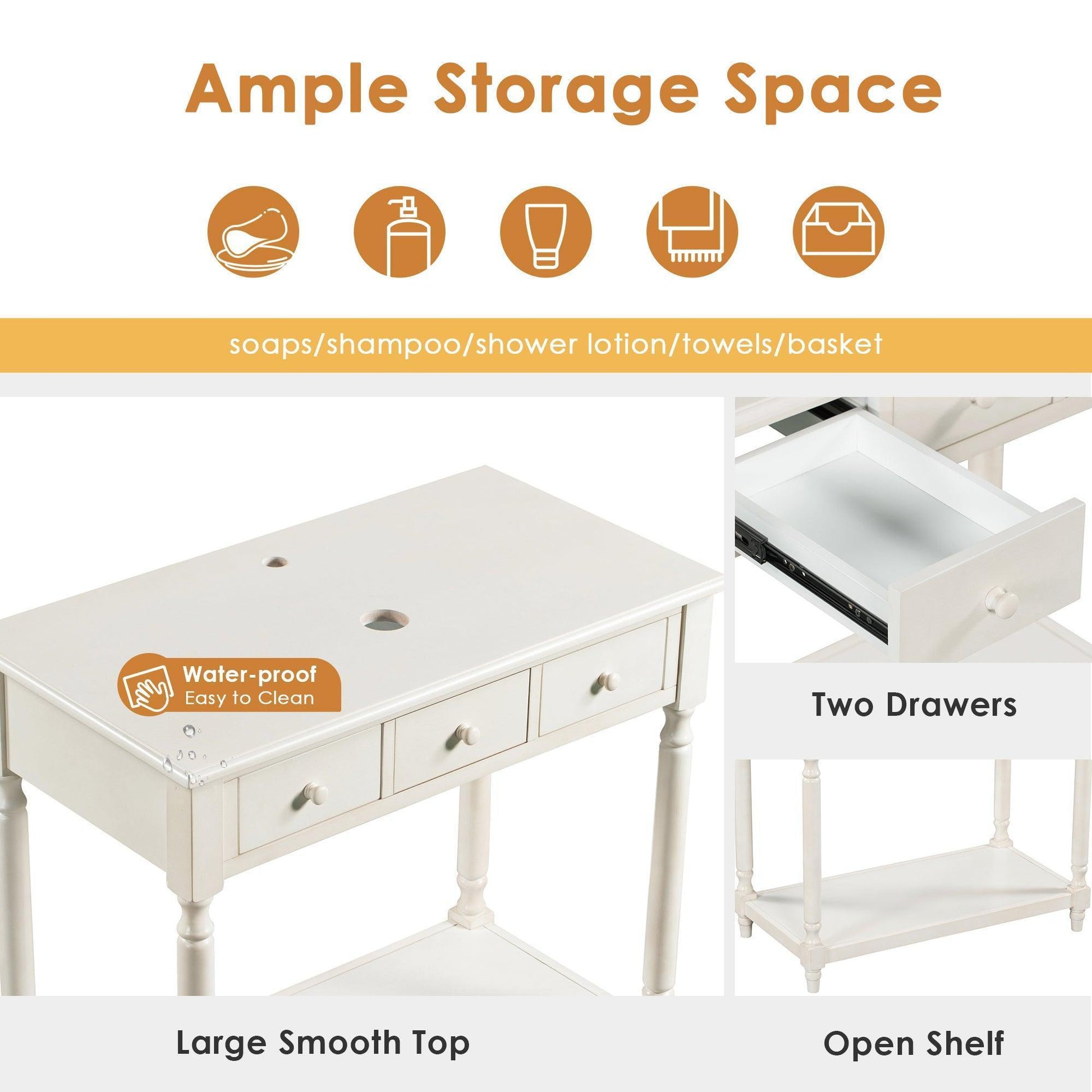 36" Bathroom Vanity Base without Sink, Open Storage Shelf, Antique White WF294112AAK FredCo