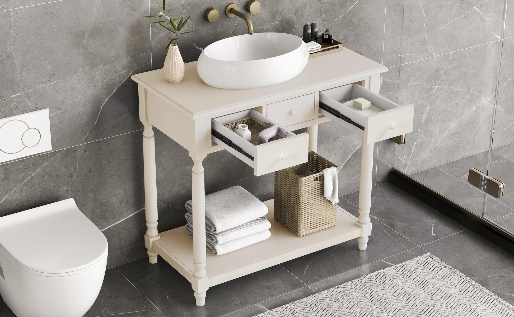 36" Bathroom Vanity Base without Sink, Open Storage Shelf, Antique White WF294112AAK FredCo