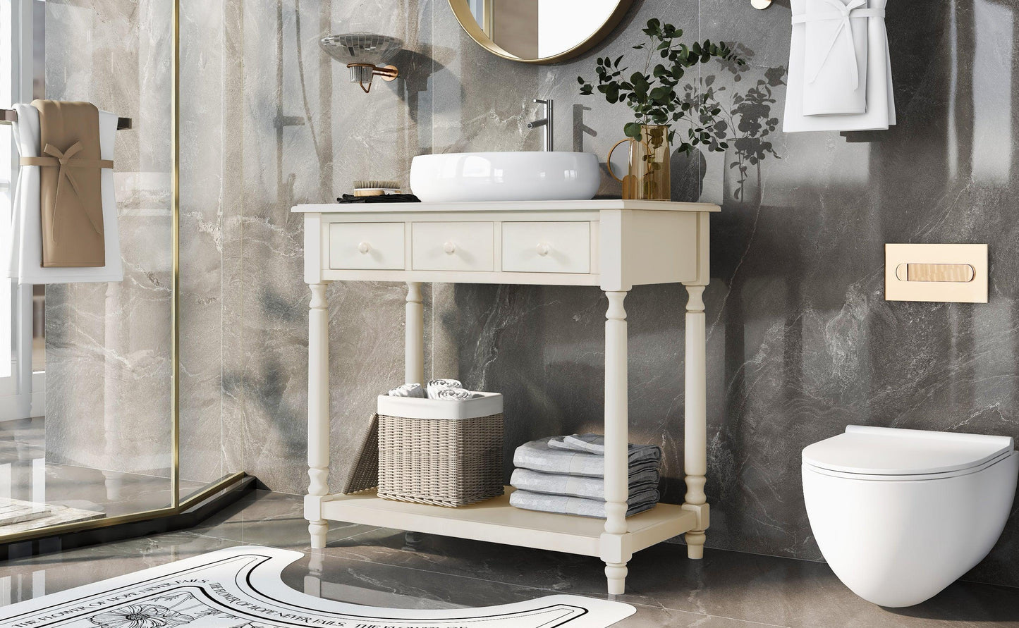 36" Bathroom Vanity Base without Sink, Open Storage Shelf, Antique White WF294112AAK FredCo
