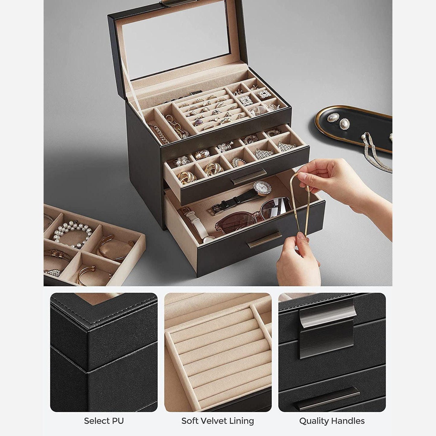 4-Layer Jewelry Box, Graphite 3 Drawers FredCo