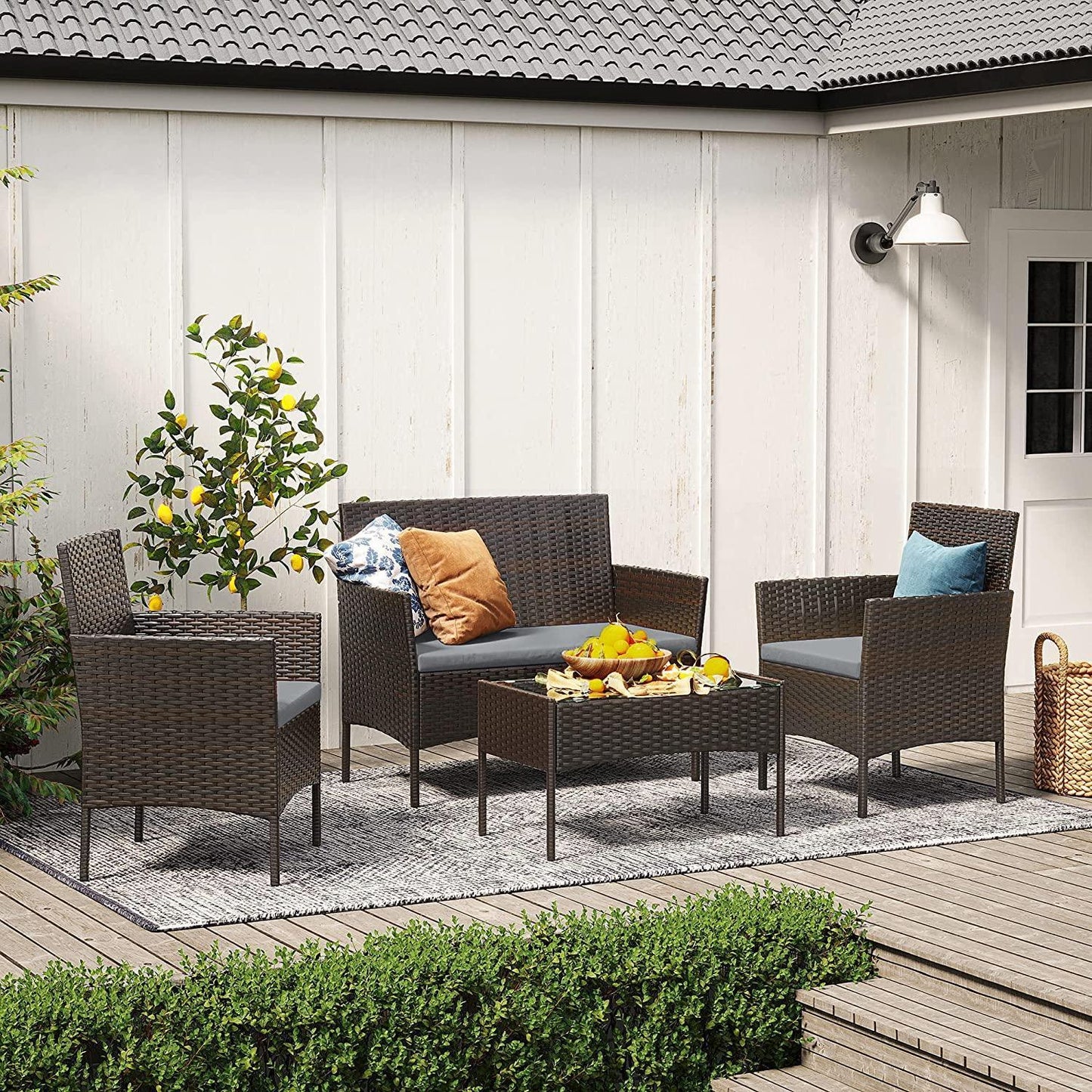 4-Piece Patio Furniture Set, Gray Rattan FredCo