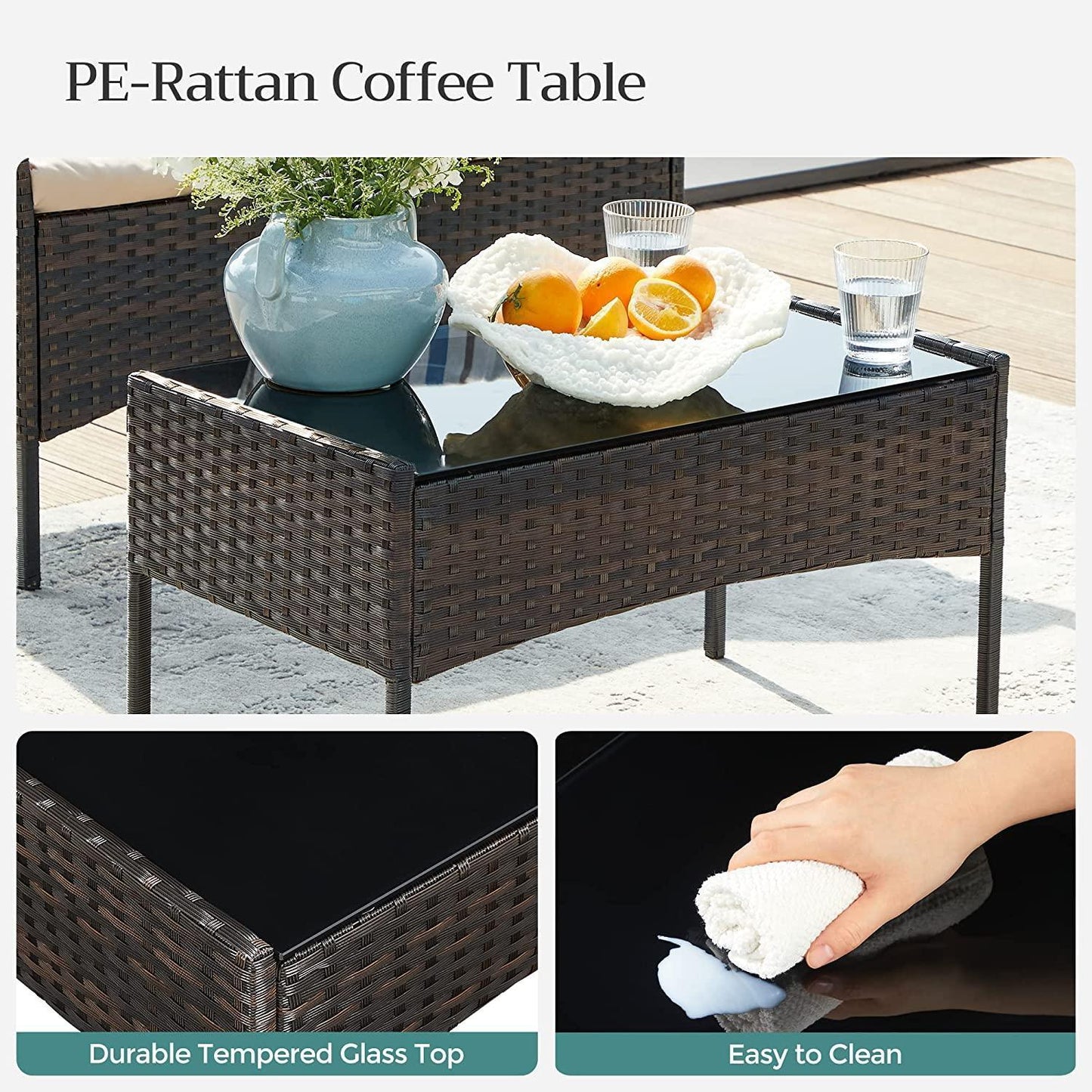 4 piece Patio Furniture Table Set, Brown Rattan FredCo