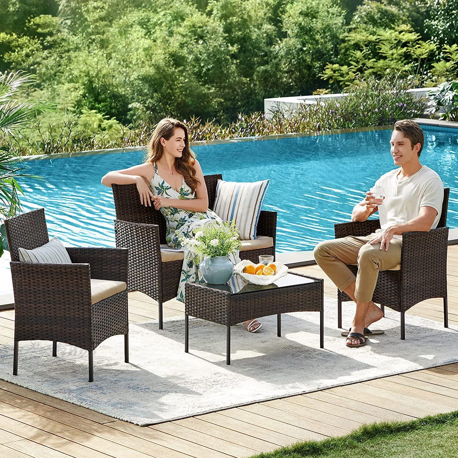 4 piece Patio Furniture Table Set, Brown Rattan FredCo