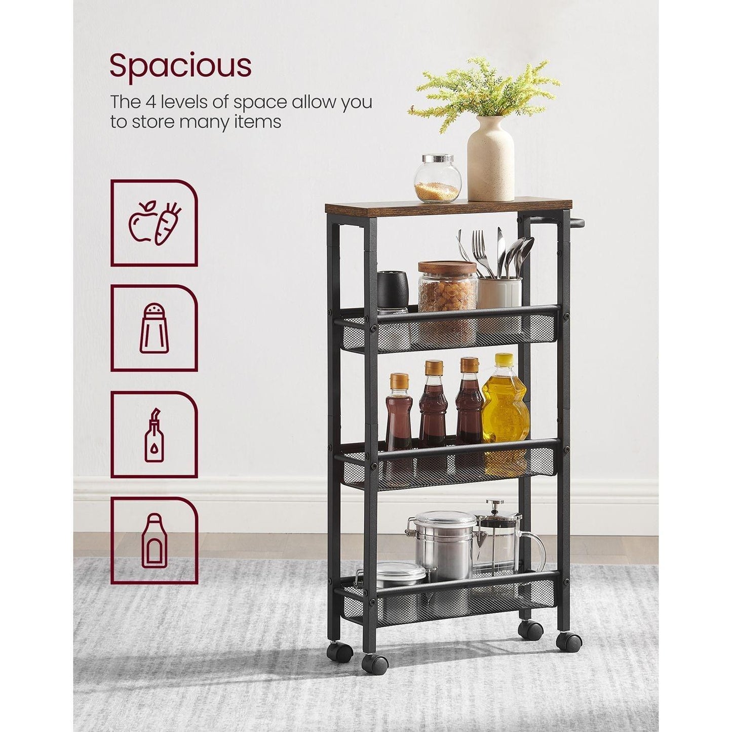 4-Tier Rolling Storage Cart Rustic Brown FredCo