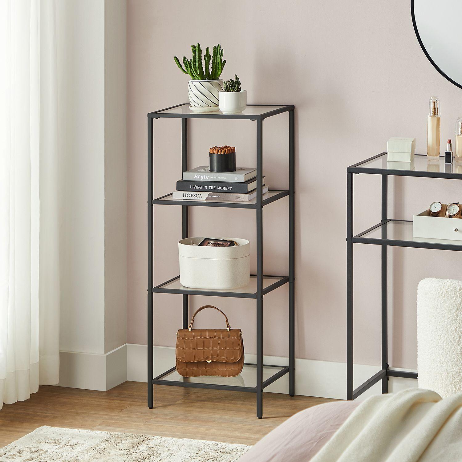4-Tier Tempered Glass Bookcase, living room Black FredCo