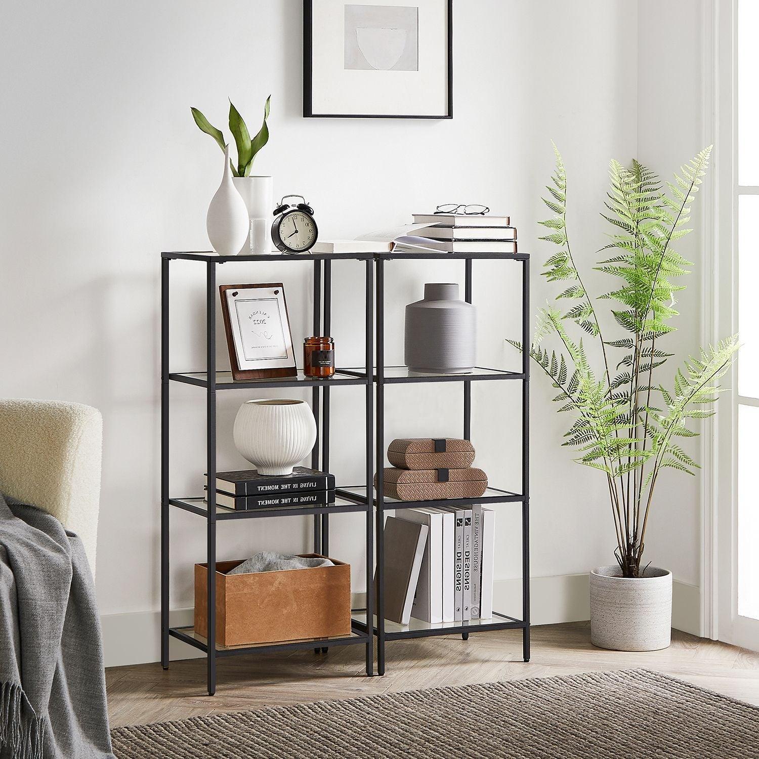 4-Tier Tempered Glass Bookcase, living room Black FredCo