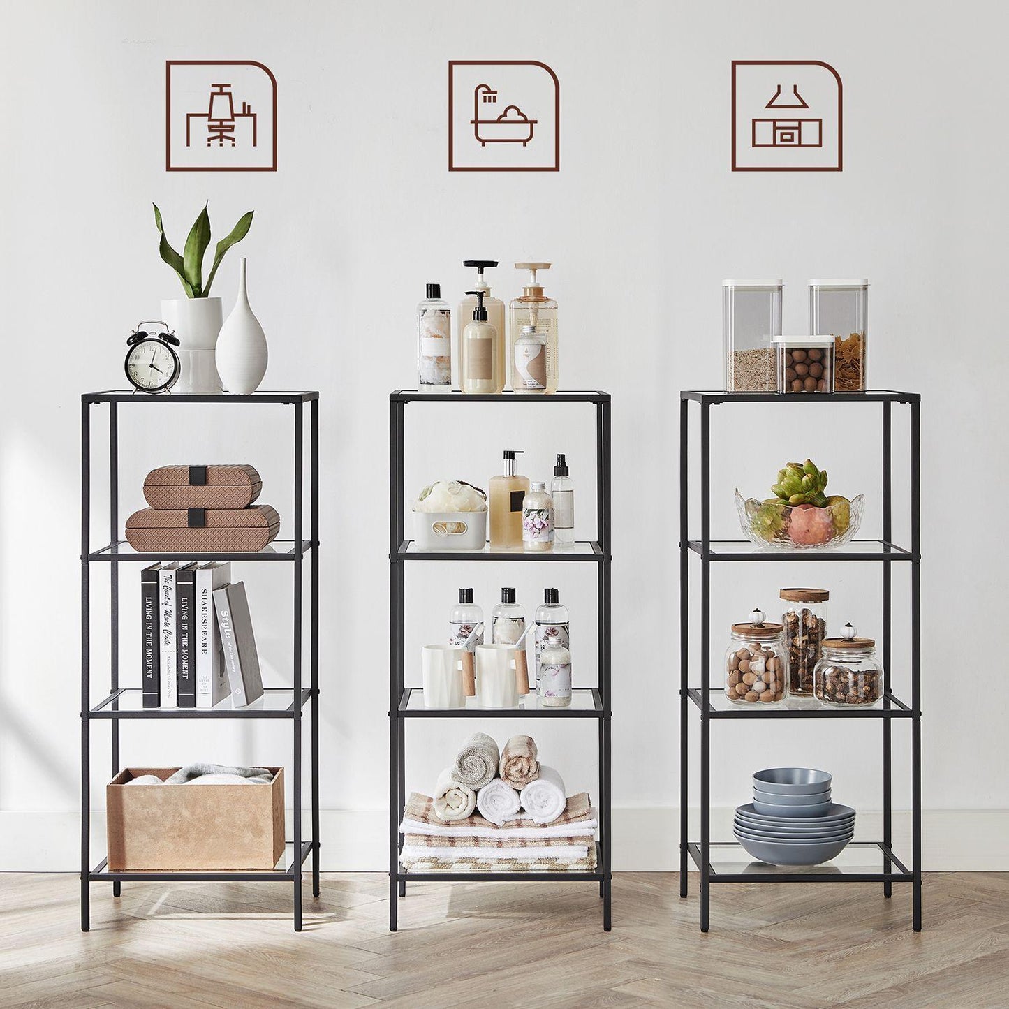 4-Tier Tempered Glass Bookcase, living room Black FredCo