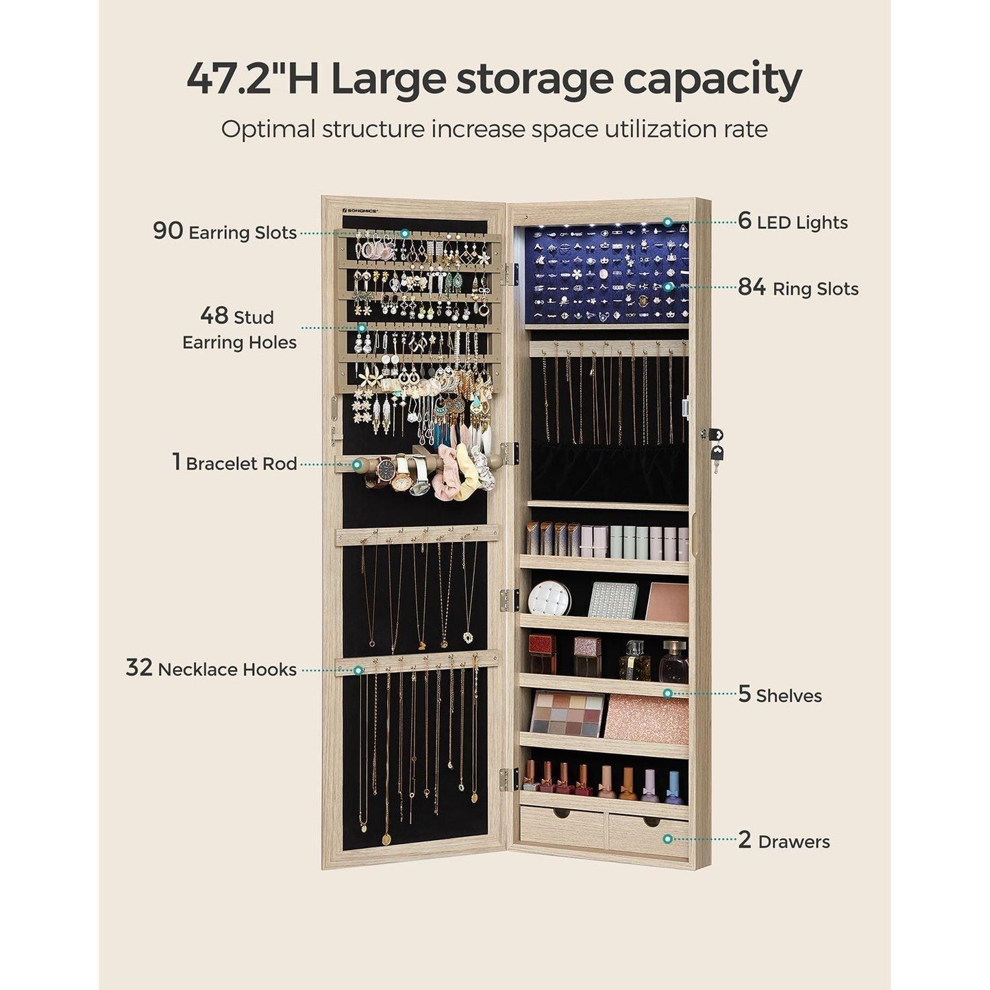 47.2-Inch Jewelry Cabinet with Lights White FredCo