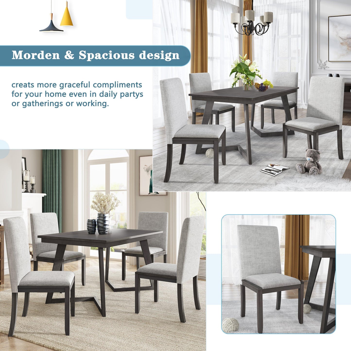 5-Piece Dining Set, Wood Rectangular Table with 4 Linen Chairs, Gray SH000133AAE FredCo